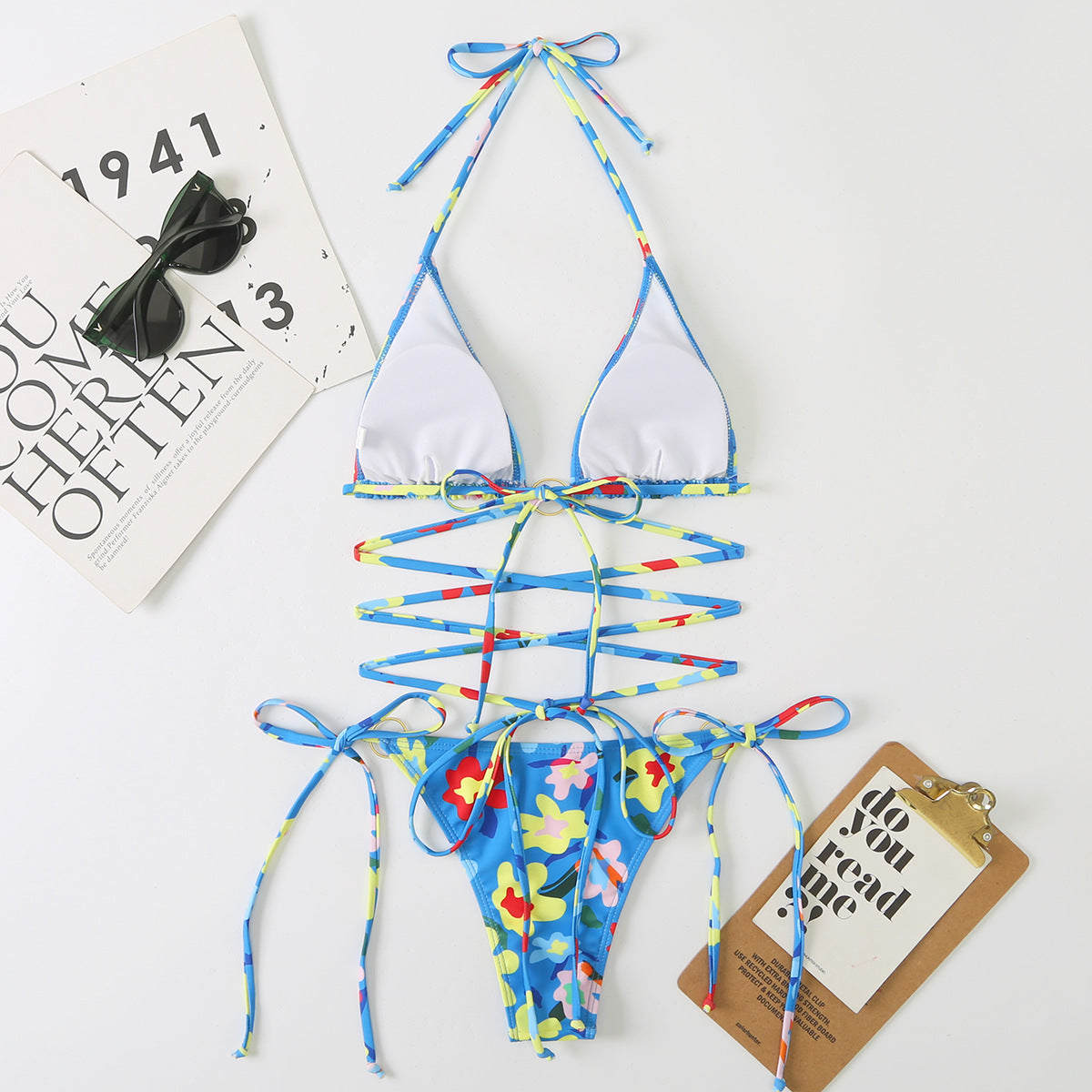 New Digital Print Lace-Up Neck Bikini Two-Piece Split Swimsuit for Women