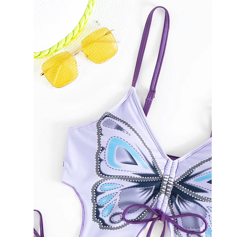 New Butterfly Flower Double Shoulder Strap Bikini Backless Split Swimsuit for Women