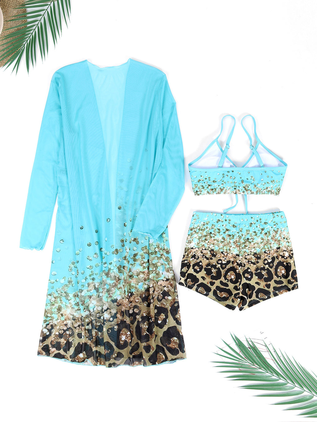 Three-Piece Bikini Set with Printed Split Boxers