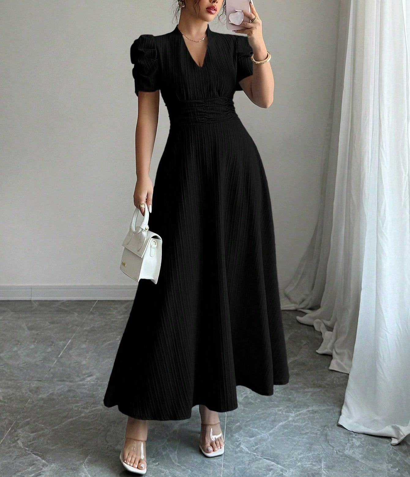 Women's French Style Puff Sleeve Maxi Dress with Fitted Waist, Square Neck, Lightweight Summer Long Dress