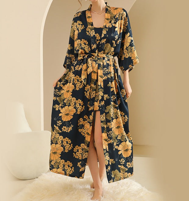 Printed Ice Silk Bathrobe Set for Women - Summer Mid-Sleeve Plus Size Bridal Morning Robe