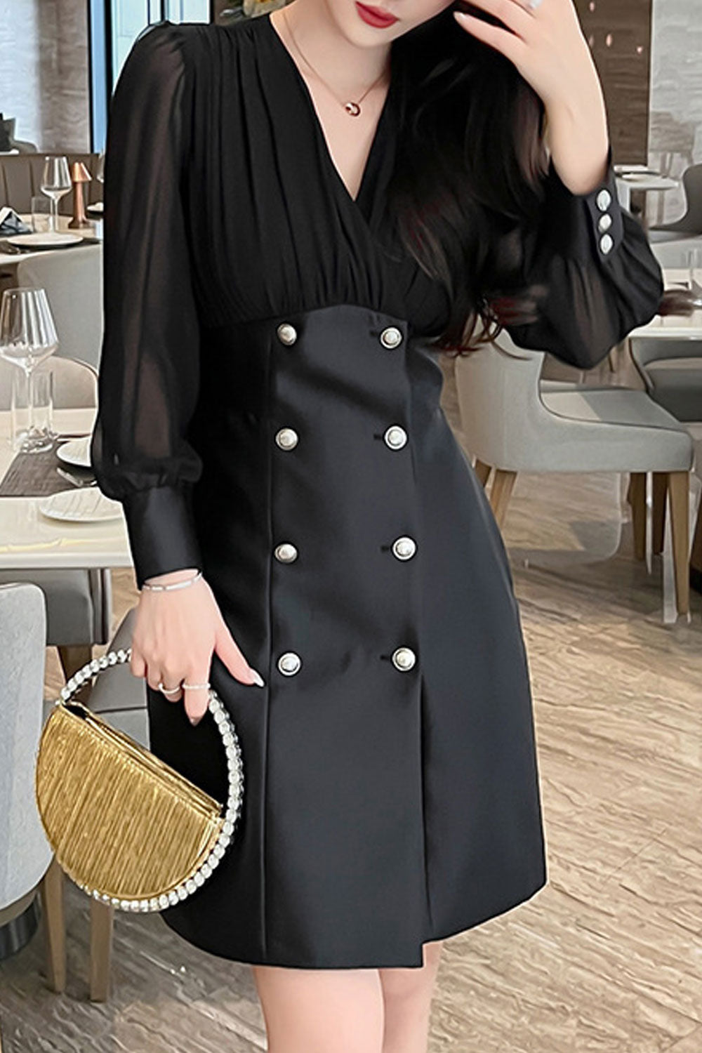 Women Spring Long Sleeves V-Neck Solid Pattern Belly Design Skirt Dress