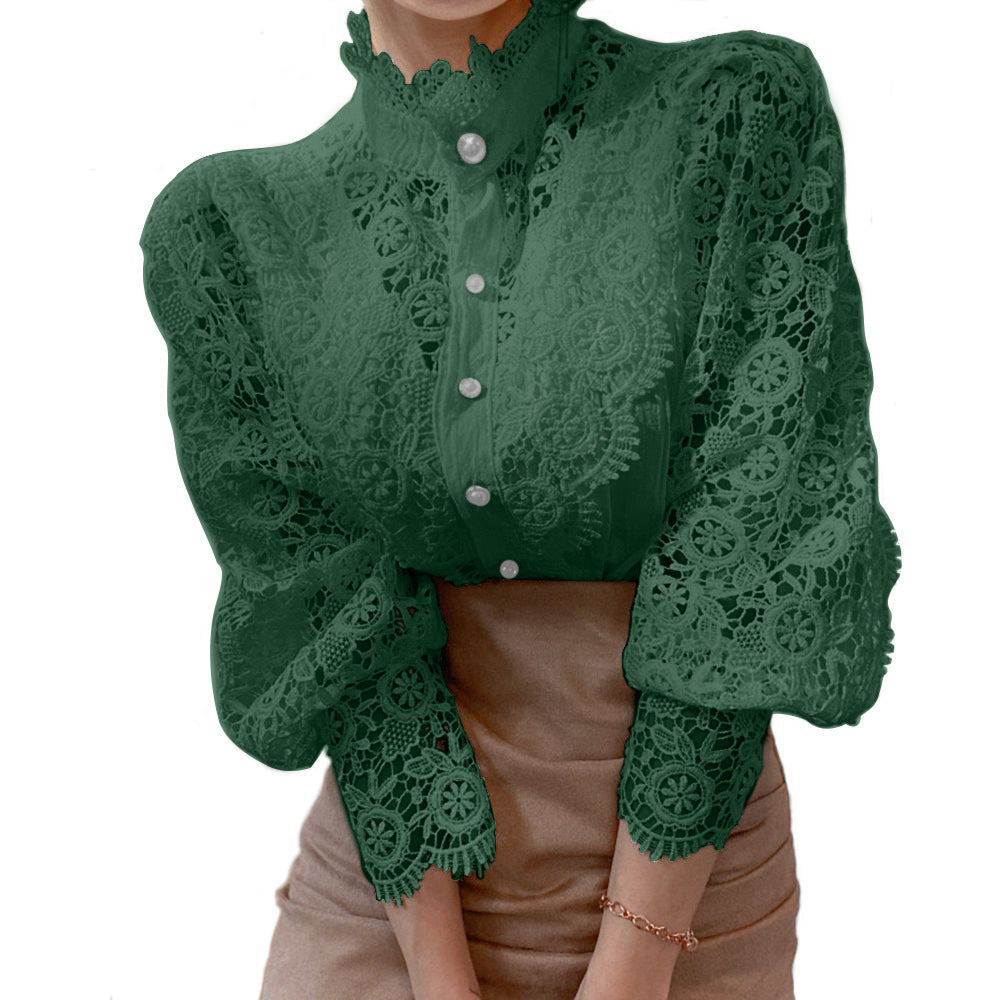 Women's Solid Color Hollow-Out Lace Stand Collar Pearl Button Long Sleeve Shirt Top