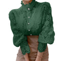 Women's Solid Color Hollow-Out Lace Stand Collar Pearl Button Long Sleeve Shirt Top