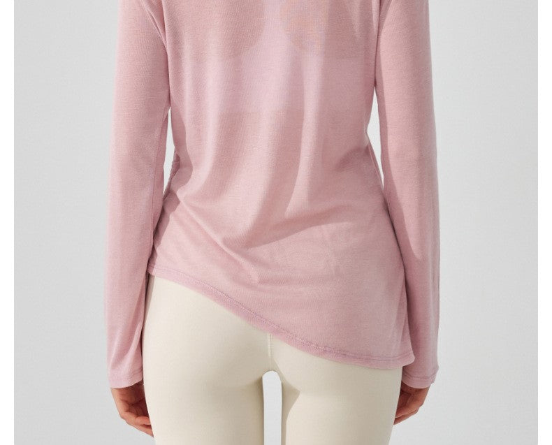Women's Long Sleeve Yoga Blouse Hip-Covering Pleated Drawstring Top Loose Casual Autumn Dance Fitness Running Shirt