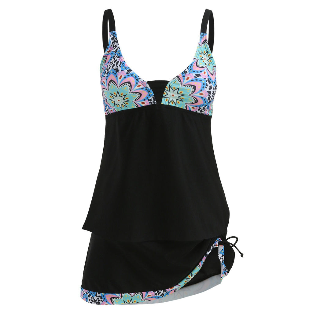 Digital Print Double Shoulder Strap Low-Cut Tankini Split Two-Piece Set