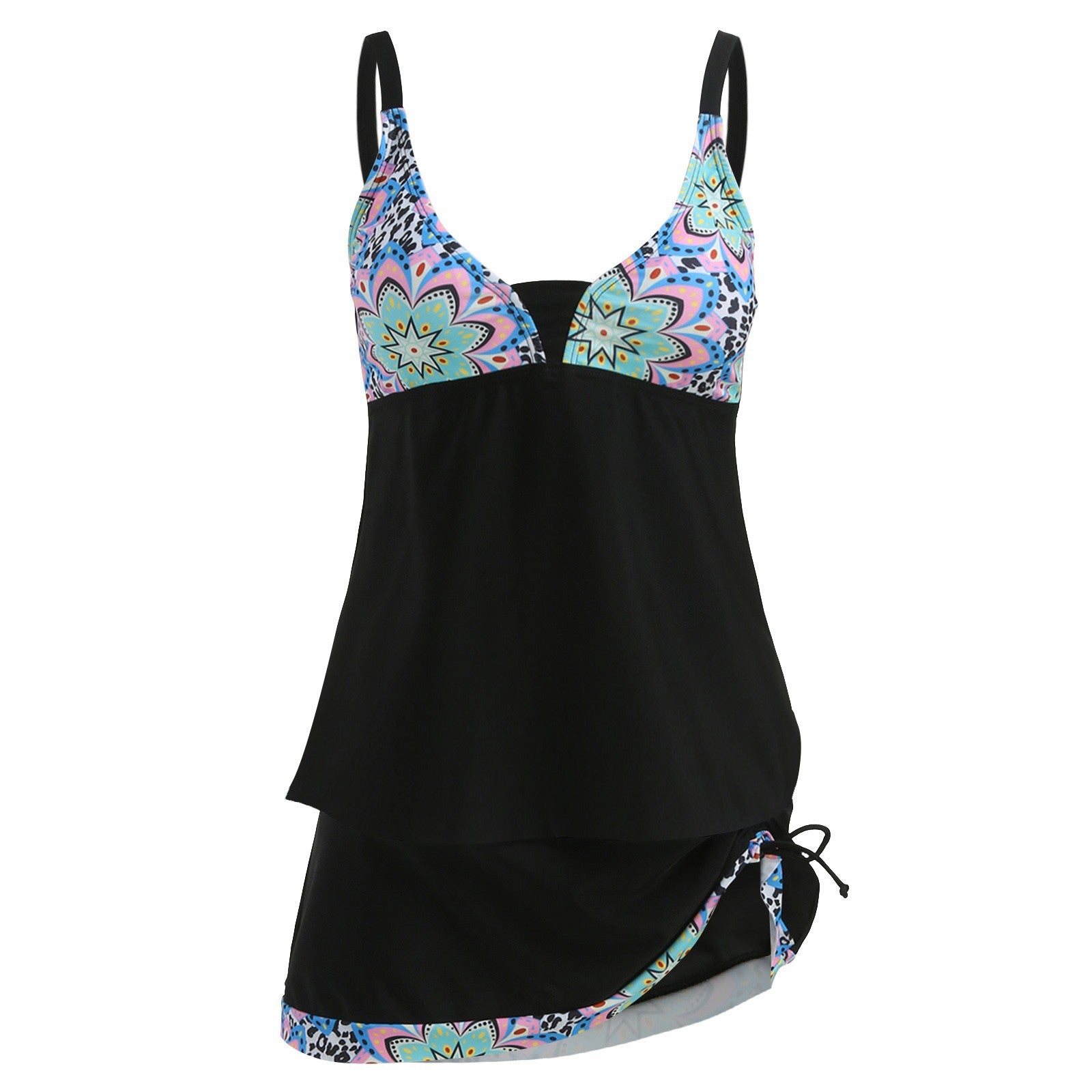 Digital Print Double Shoulder Strap Low-Cut Tankini Split Two-Piece Set