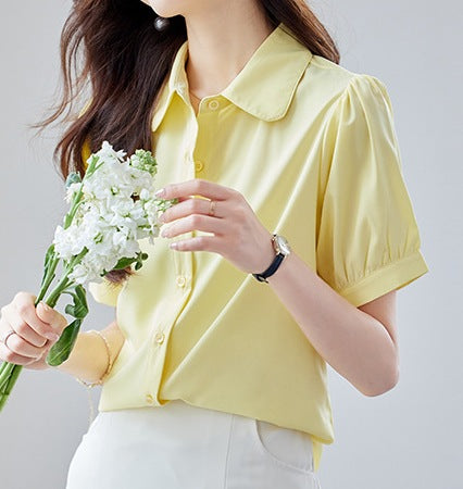 Women's Casual Light Yellow Short Sleeve Shirt - Lightweight Design