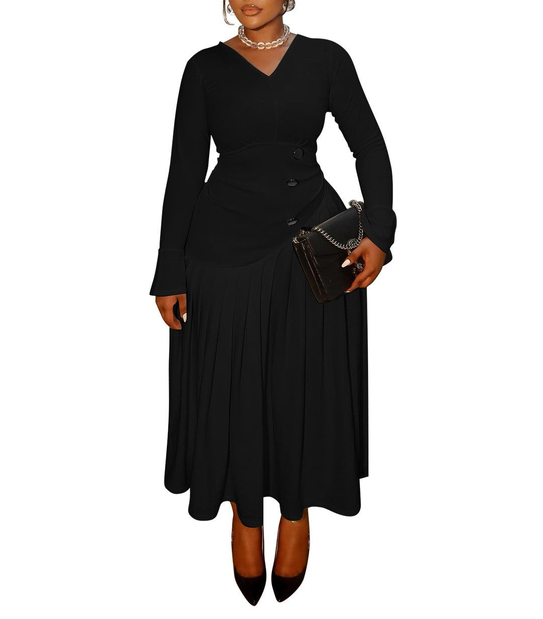 Plus Size Autumn V-Neck Pleated Long Dress – Waist-Defined Elegant Maxi