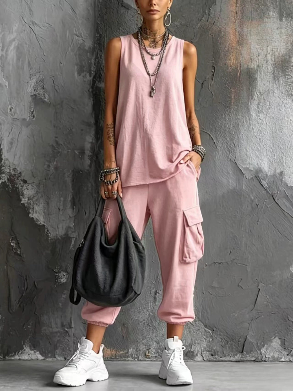 Women's Solid Color Round Neck Knitted Vest & Pocket Casual Pants Set (2-Piece)