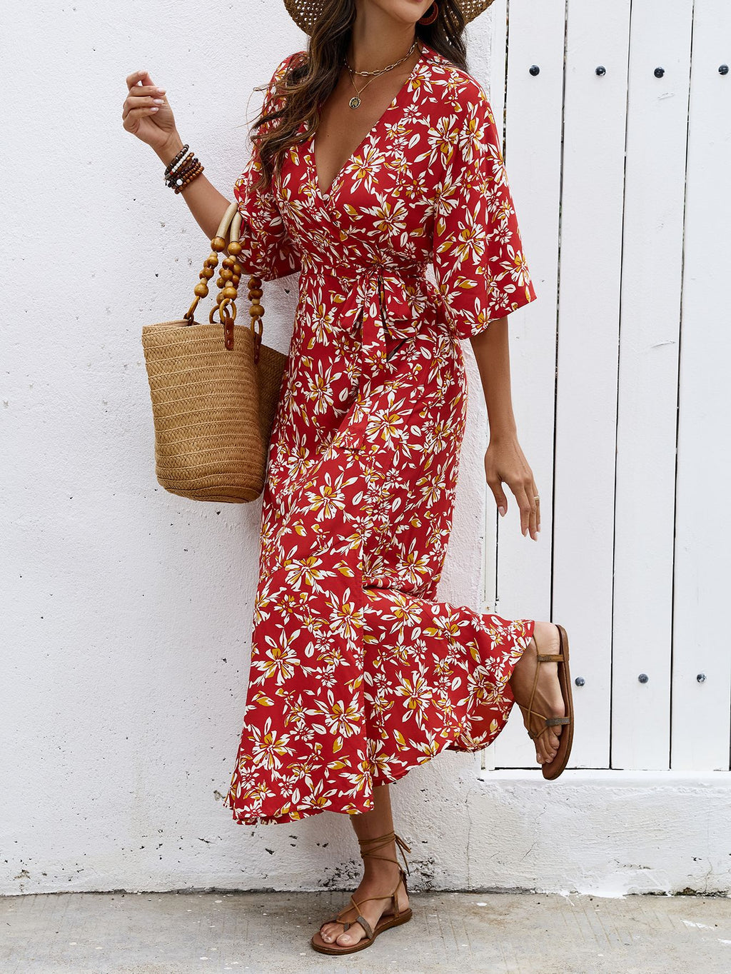 Women's Printed Floral Tie-Up Slit Maxi Dress – Bohemian Summer Vacation Long Dress