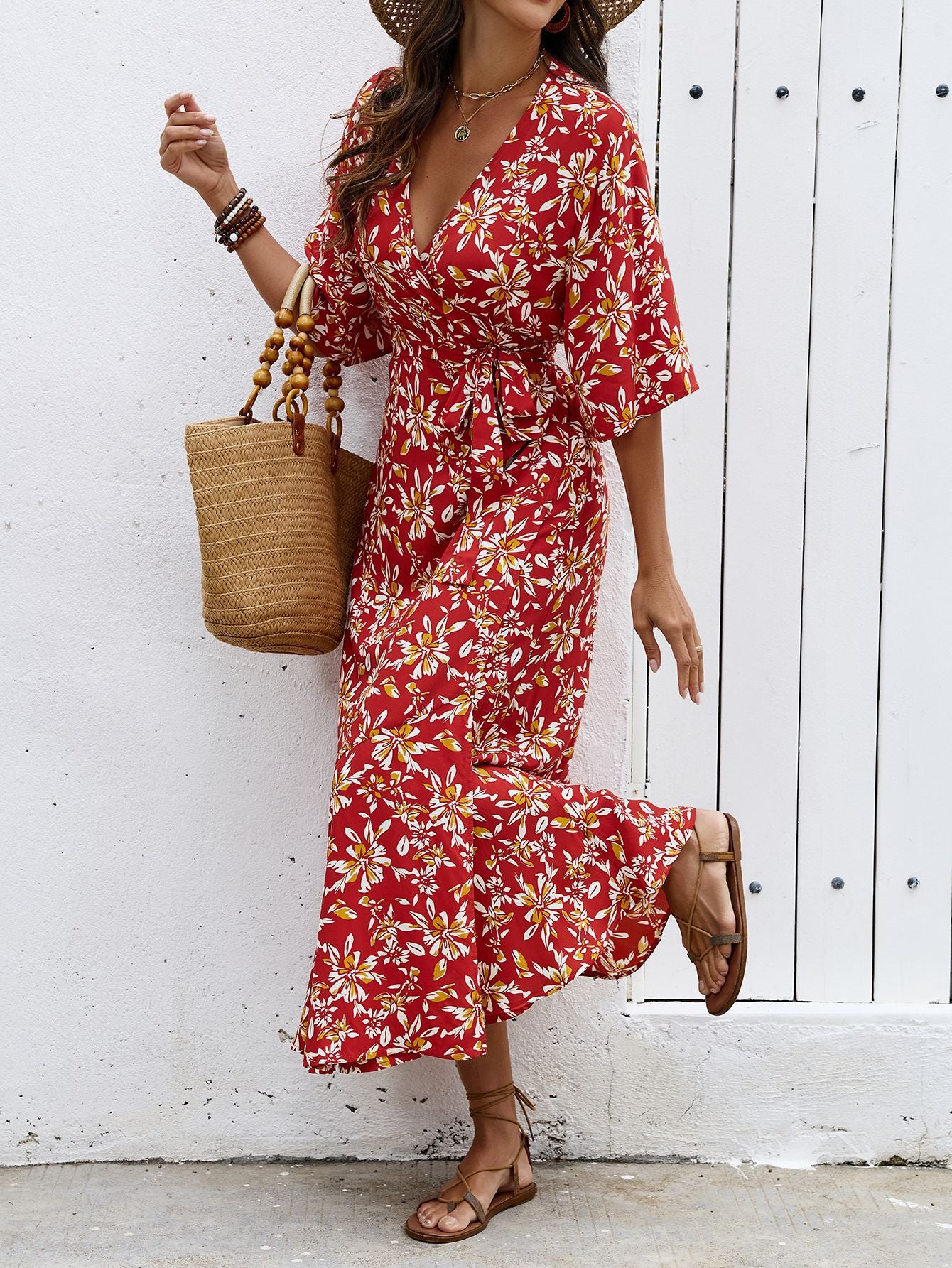 Women's Printed Floral Tie-Up Slit Maxi Dress – Bohemian Summer Vacation Long Dress