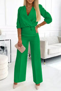 Women's Solid Color V-Neck Two-Button 2-Piece Pants Suit