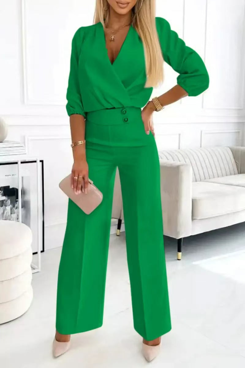 Women's Solid Color V-Neck Two-Button 2-Piece Pants Suit