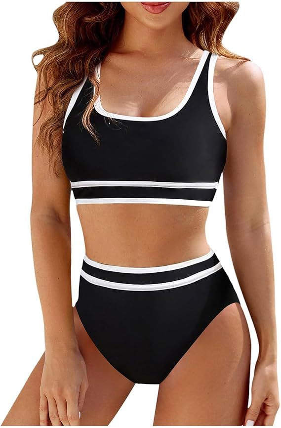 Sporty Color-Match High-Waist Bikini Set with Vest Top