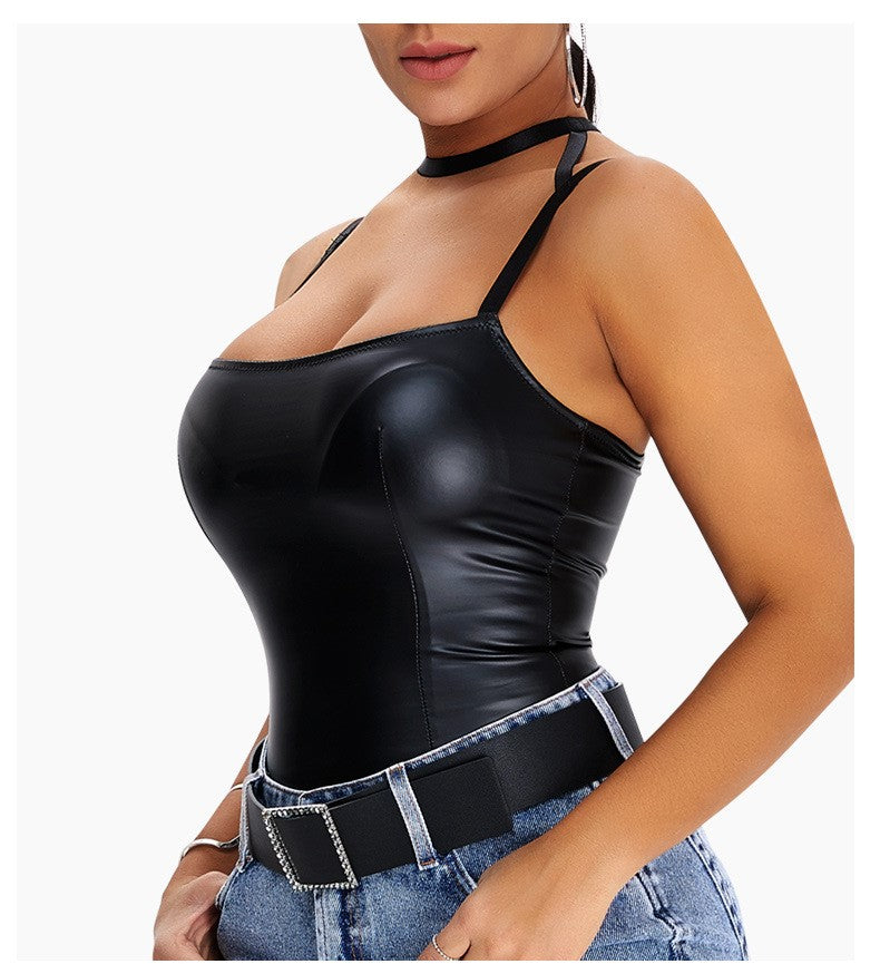 Women Stretch Lace Backless High Neck Long Sleeve PU Tight Vest with Leather Skirt Set for Nightclub Wear