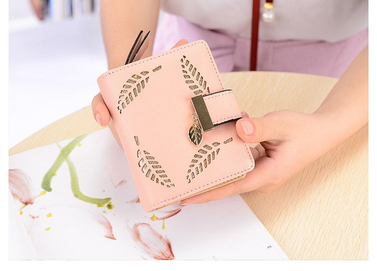New Ladies Short Wallet Zipper Buckle Hollow Leaf Card Holder Small Wallet
