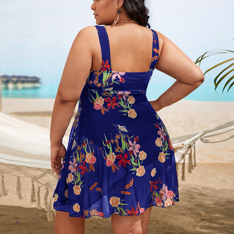 Plus Size One-Piece Swimsuit with Printed Mesh Skirt, Backless Beach Swimwear for Women