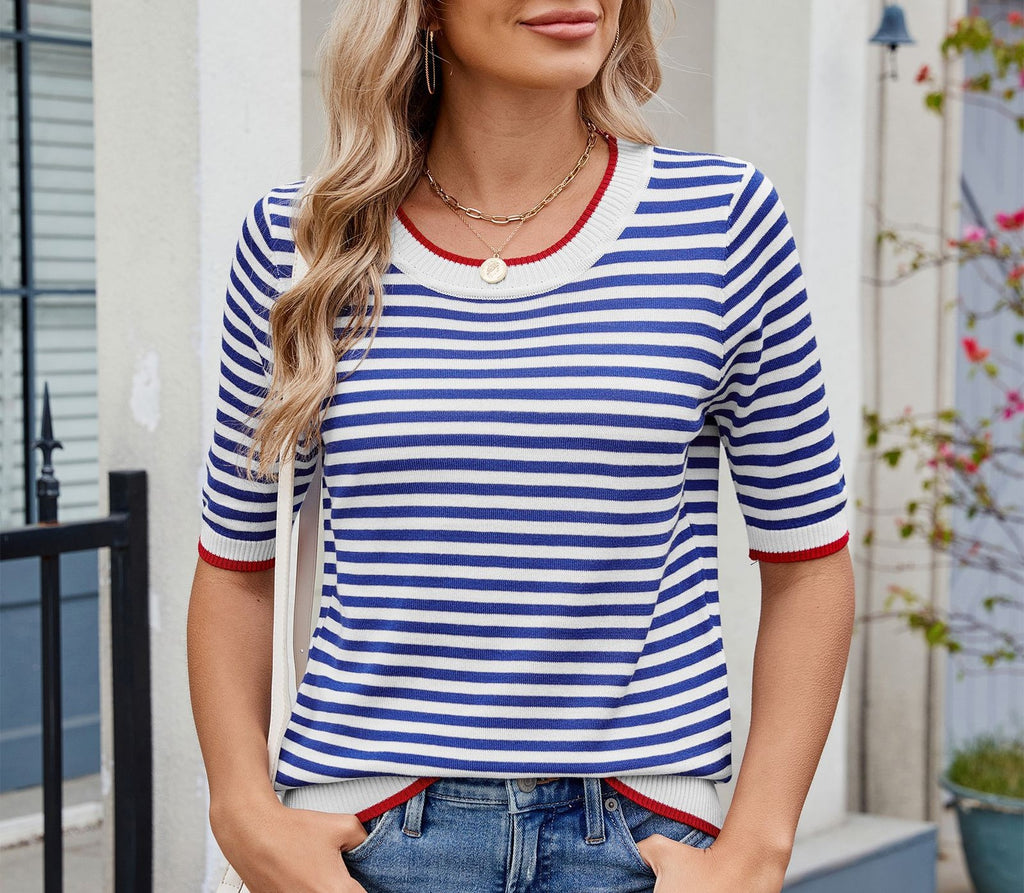 Women's Summer Knitted Ice Silk T-Shirt - Short Sleeve, Contrast Color, British College Style