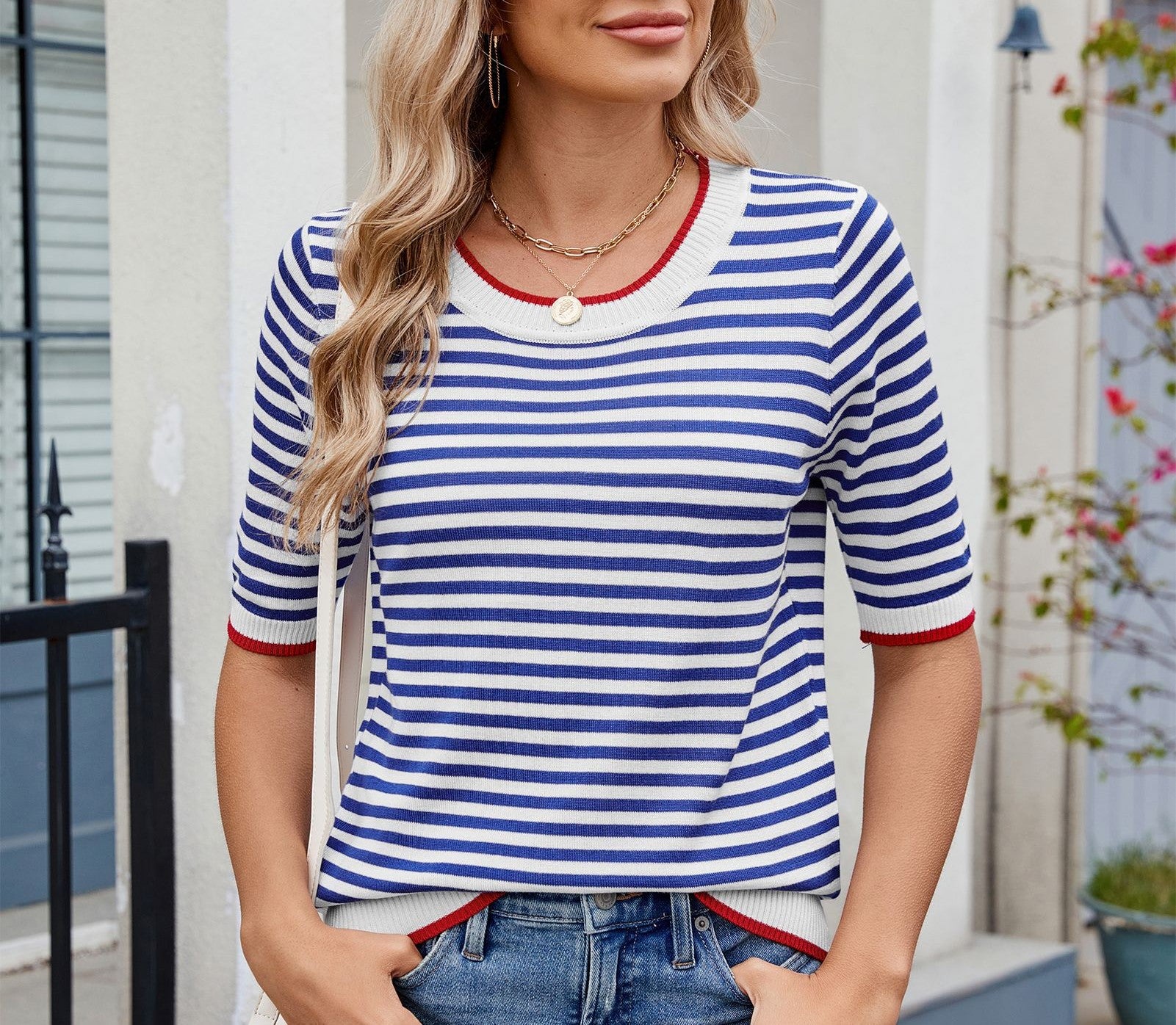 Women's Summer Knitted Ice Silk T-Shirt - Short Sleeve, Contrast Color, British College Style