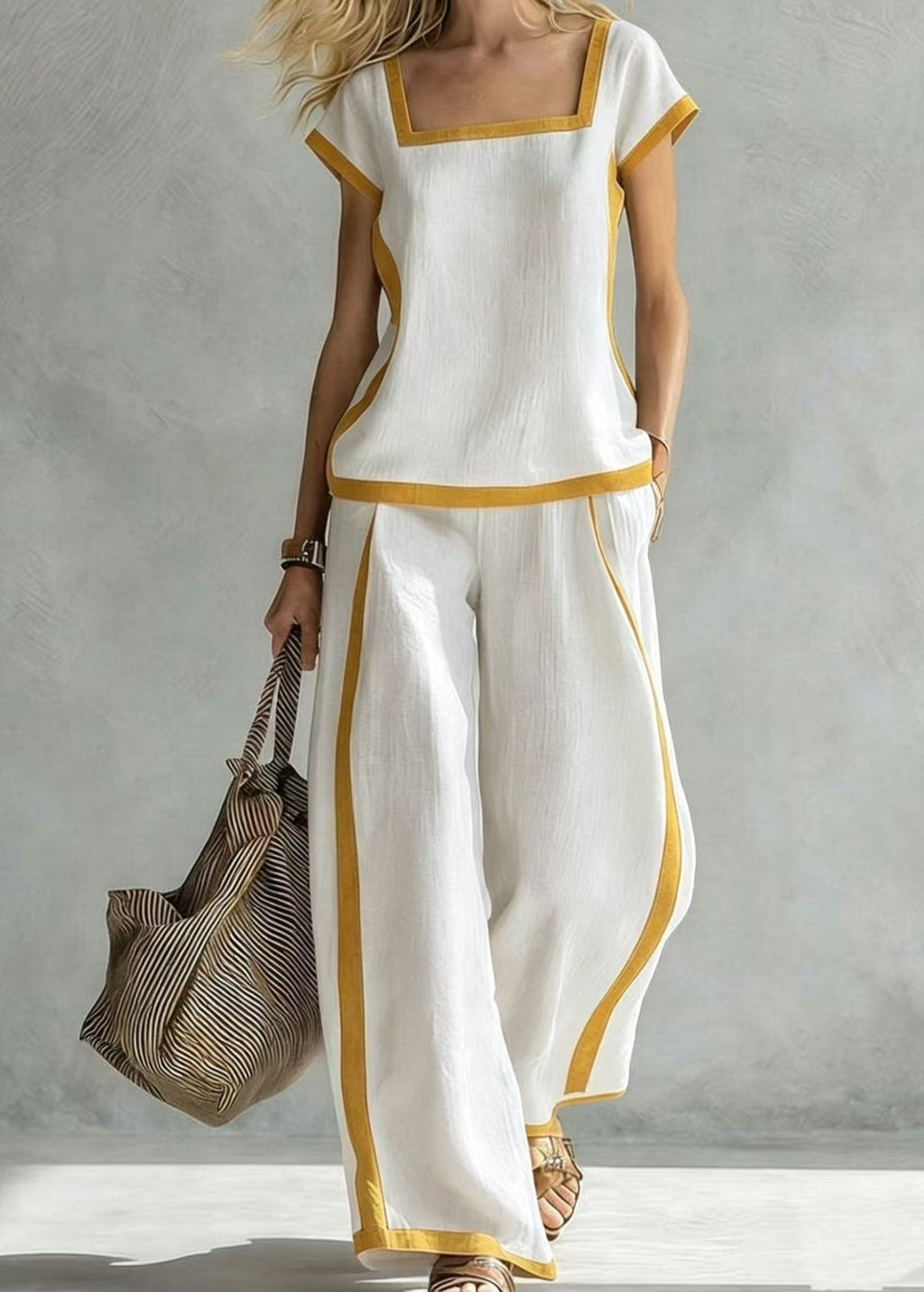Women's Summer Color Block Top and Wide-Leg Pants Two-Piece Matching Set