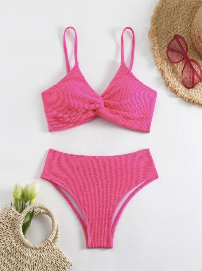 Solid Color Double Strap Low-Cut Bikini Set - High Waist Two-Piece Women's Swimsuit