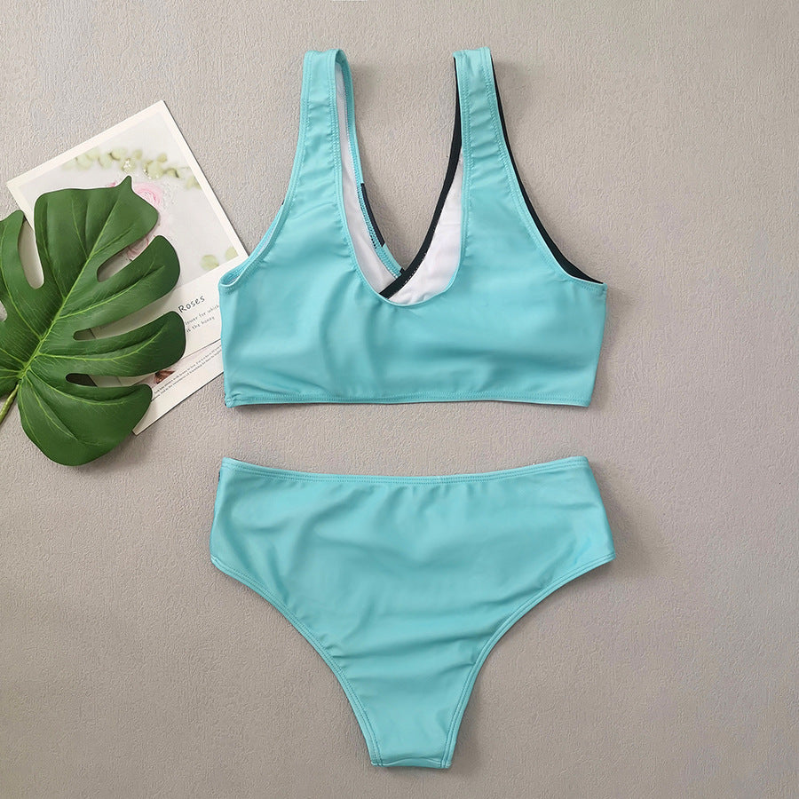 New Digital Print Cross V-Neck Bikini with High Waist Split Design