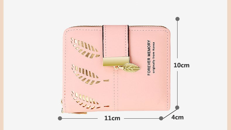 Money Card New Retro Style Women's Zipper Buckle Hollow Leaf Design Multi-Use Short Wallet