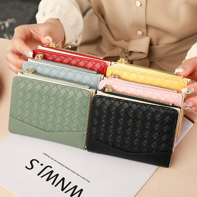 Women's Short Coin Purse with Multiple Card Slots, Coin Clip Wallet, Fashionable Woven ID Bag, Patchwork Design