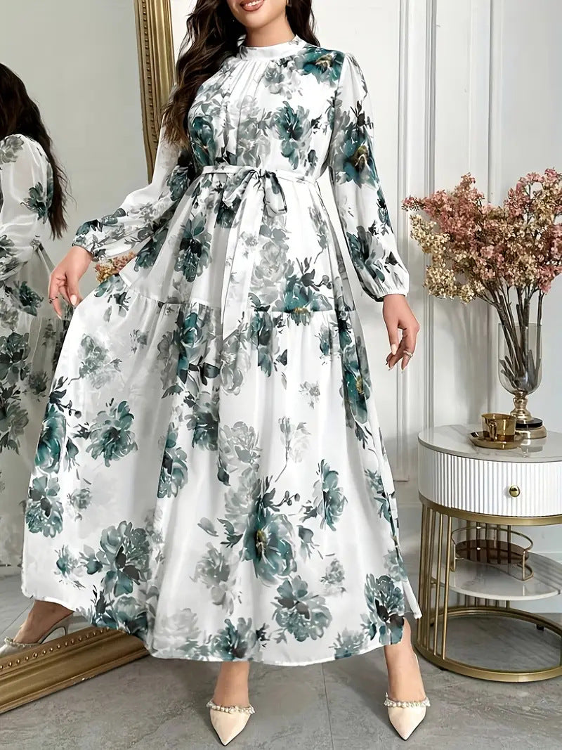 Plus Size Women's French Inspired Lace-Up Summer Dress, Elegant Slim Fit Long Chiffon Holiday Maxi Swing Dress