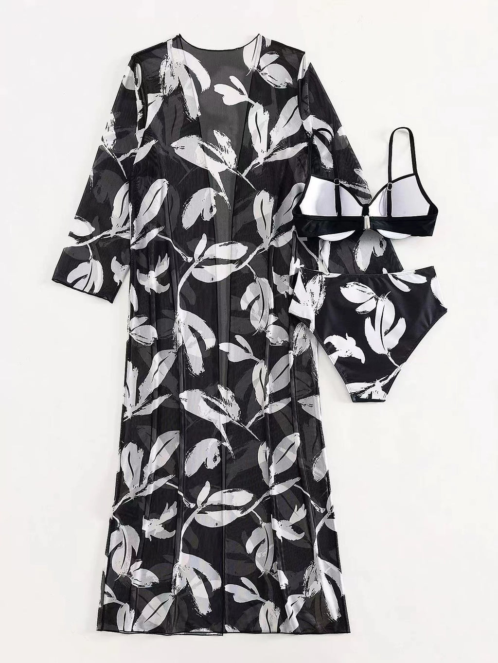 Women's Three-Piece Bikini Set - High-Waist Bottom, Long Cover-Up, Split Design