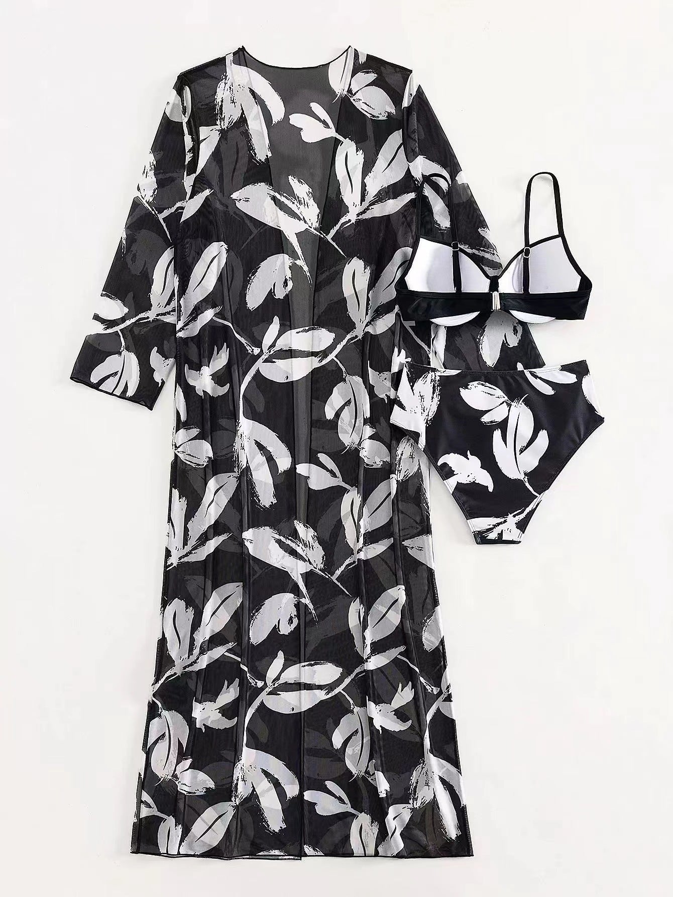 Women's Three-Piece Bikini Set - High-Waist Bottom, Long Cover-Up, Split Design