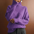 Women's Loose Elegant High-Neck Knitwear - Solid Color Commuter Sweater