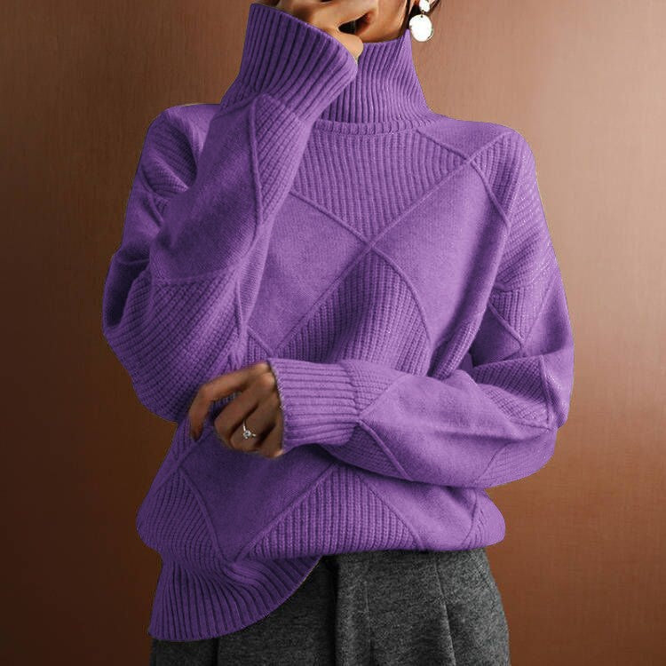 Women's Loose Elegant High-Neck Knitwear - Solid Color Commuter Sweater