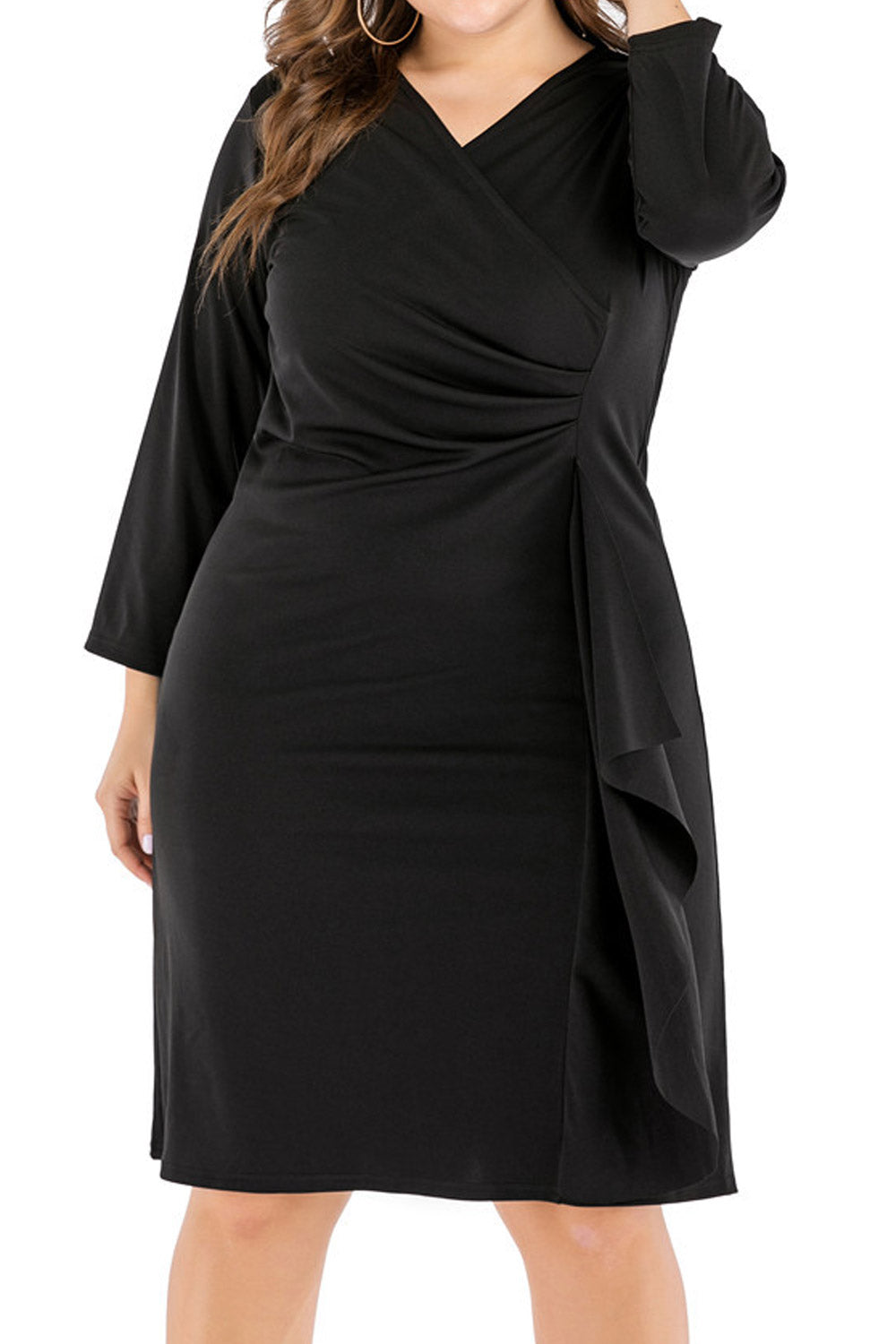 Women's Plus Solid Ruffle Trim Long Sleeve V Neck Casual Slim Fit Dress