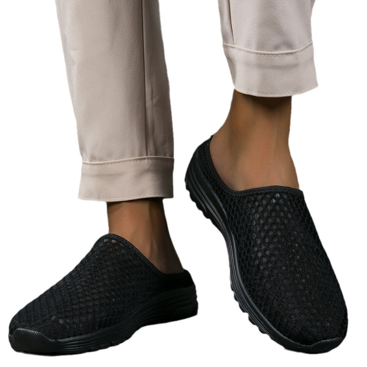Slip-On Lazy Toe Half Slippers for Women - Lightweight Mesh Walking Sandals, Comfortable Outdoor Summer Sports Style, Large Size