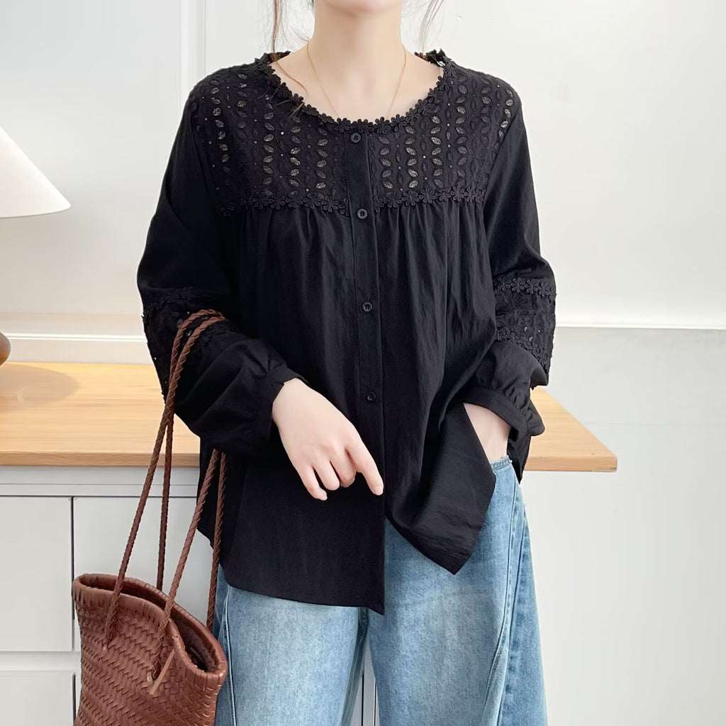 Women's Crochet Patchwork Long Sleeve Shirt – Trendy Casual Button-Up Blouse for Everyday Wear