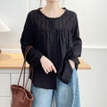 Women's Crochet Patchwork Long Sleeve Shirt – Trendy Casual Button-Up Blouse for Everyday Wear