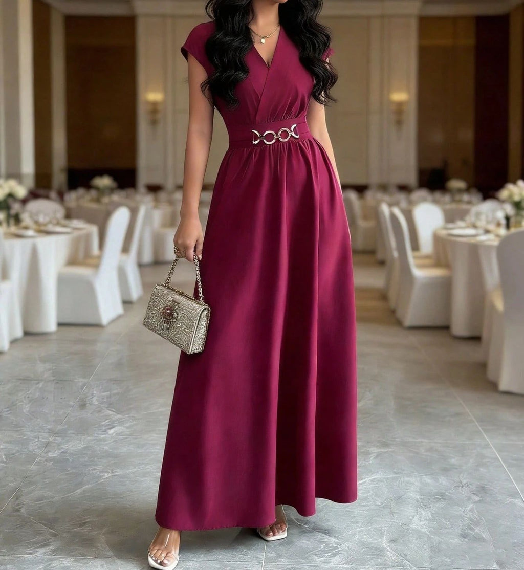 Women's Elegant Short Sleeve Long Dress - Solid Color V-Neck Waist-Cinching Maxi Dress for Casual, Office, Party & Special Occas