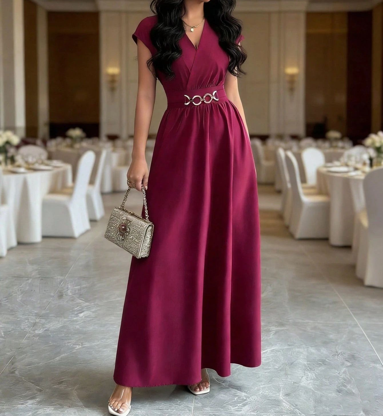 Women's Elegant Short Sleeve Long Dress - Solid Color V-Neck Waist-Cinching Maxi Dress for Casual, Office, Party & Special Occas