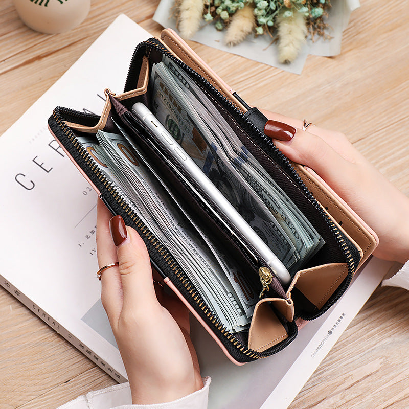 Spliced Color Long Folding Hollow Leaf Wallet for Women – Multi-Compartment Clutch Handbag & Mobile Phone Holder