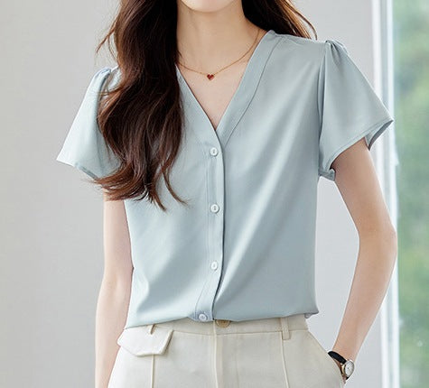 Women's Summer Short-Sleeved Elegant V-Neck Blouse - Lightweight Breathable Casual & Office Wear Top