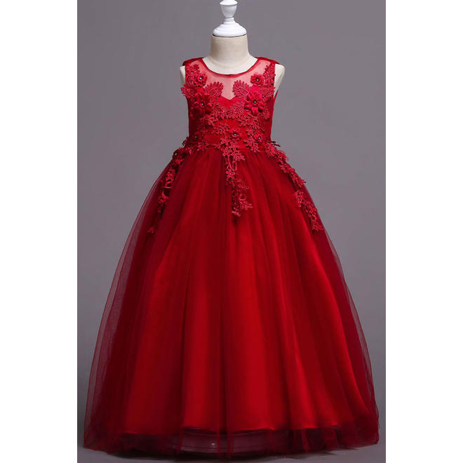 Kids Girls Flower Lace Decorated Ball Gown Dress