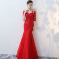 Women Elbow Sleeve Slim Fit Lace Embroidery Fishtail Stylish Party Dress