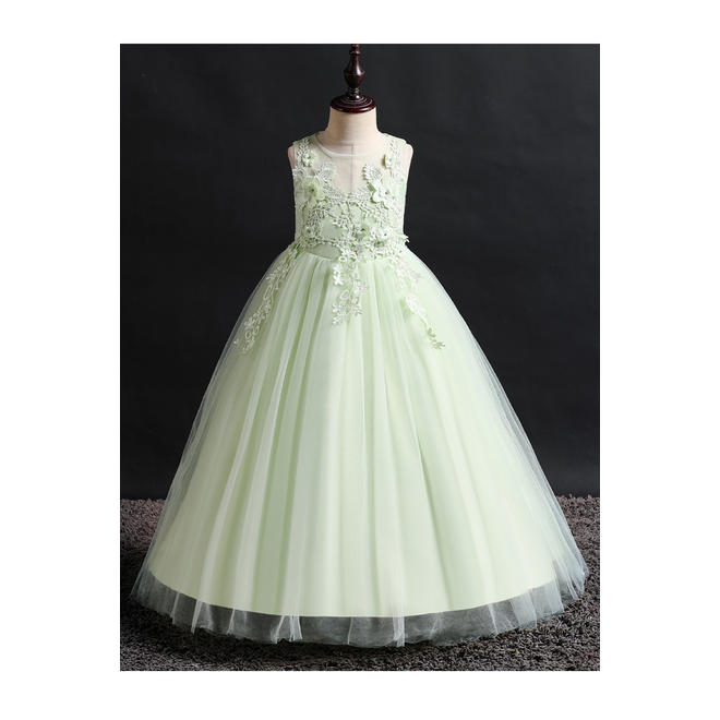 Kids Girls Flower Decorated Long Thin Skirt Beautiful Outing Birthday Party Dress
