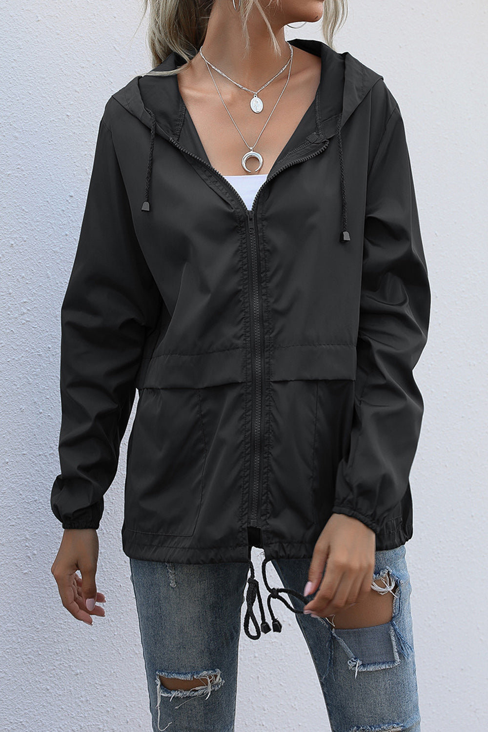 Women Awesome Zipper Closre Hooded Neck Raincoat Jacket