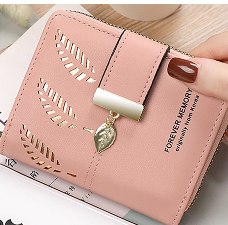 Money Card New Retro Style Women's Zipper Buckle Hollow Leaf Design Multi-Use Short Wallet