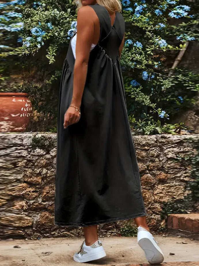 Plus Size Women's Solid Color Loose Casual Strap Maxi Dress with Relaxed Fit for Everyday Wear