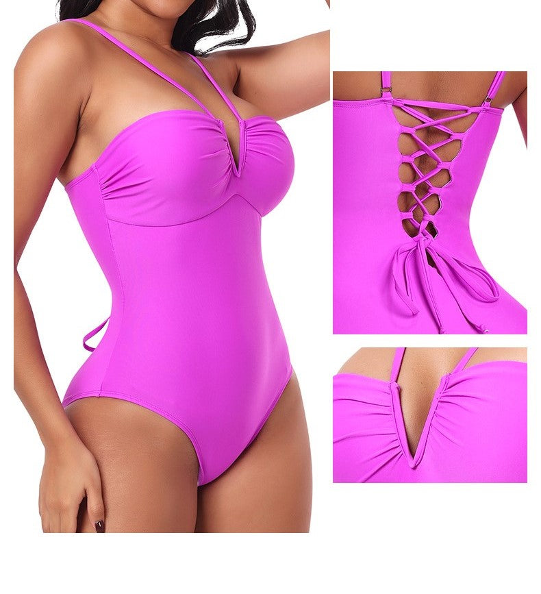 Strappy Triangle V-Neck Halter One-Piece Shaping Swimsuit with Tummy Control