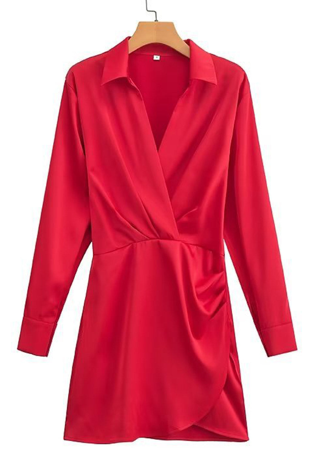 Women Turn Down Collar Elegant Solid Color Pleats Design Soft Satin Mini Dress
